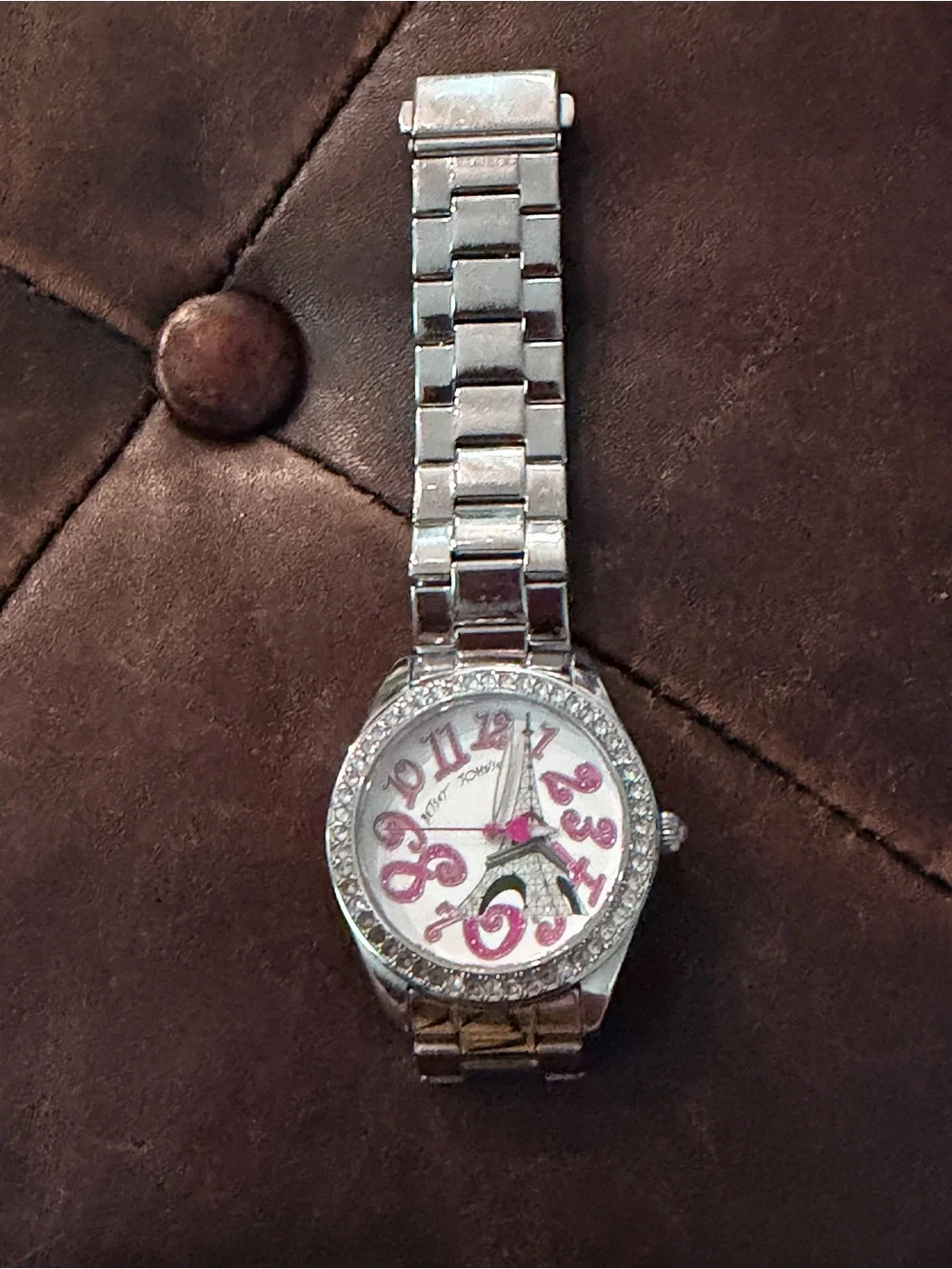 Betsey Johnson Silver Bracelet Watch with Pink Dial and Crystal Bezel